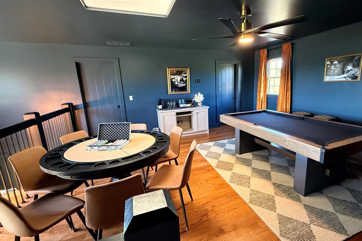 Upstairs, laughter fills the game room — where bourbon meets billiards and board games. Shuffle to the convenient coffe and tea station.