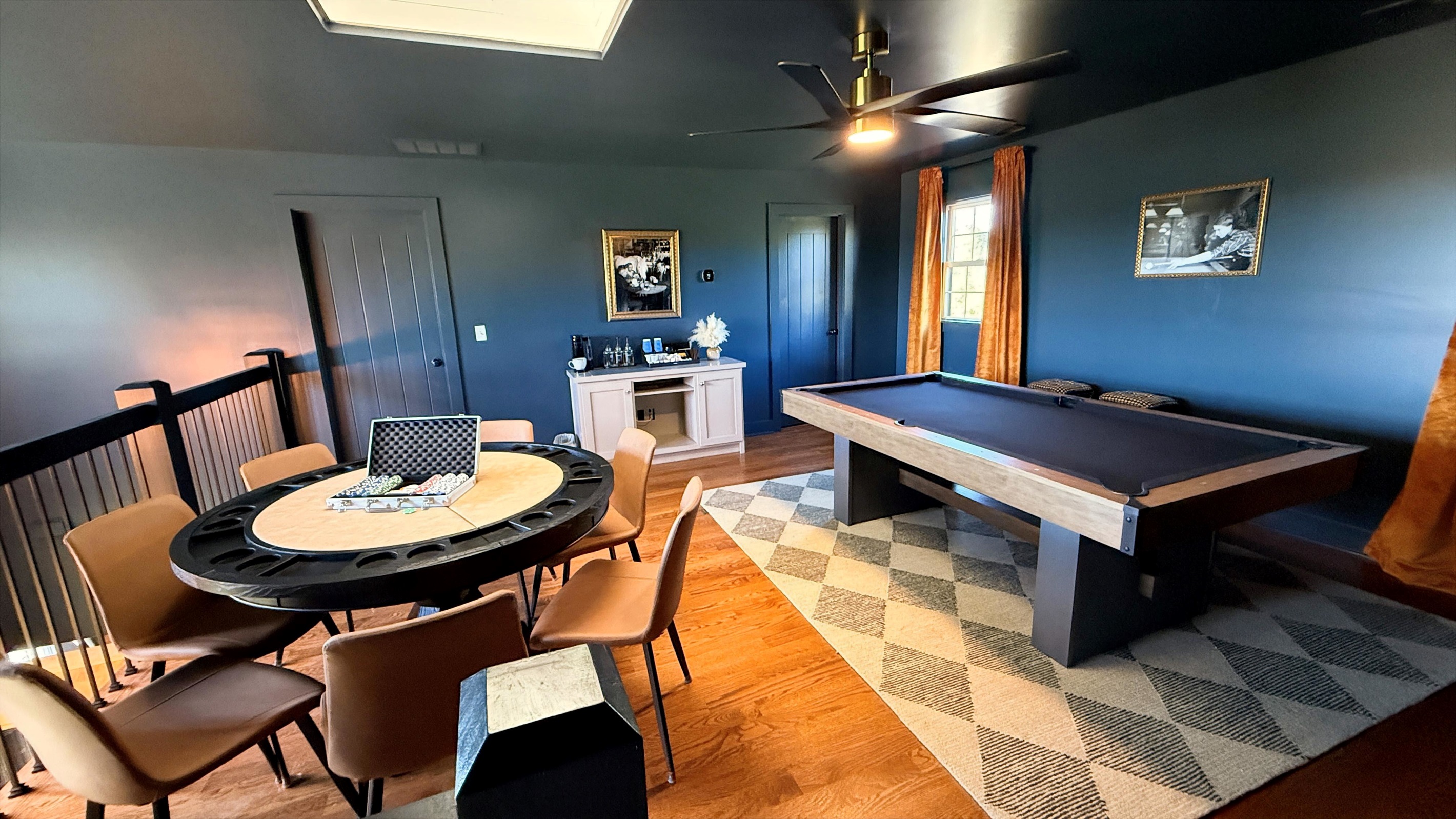 Upstairs, laughter fills the game room — where bourbon meets billiards and board games. Shuffle to the convenient coffe and tea station.