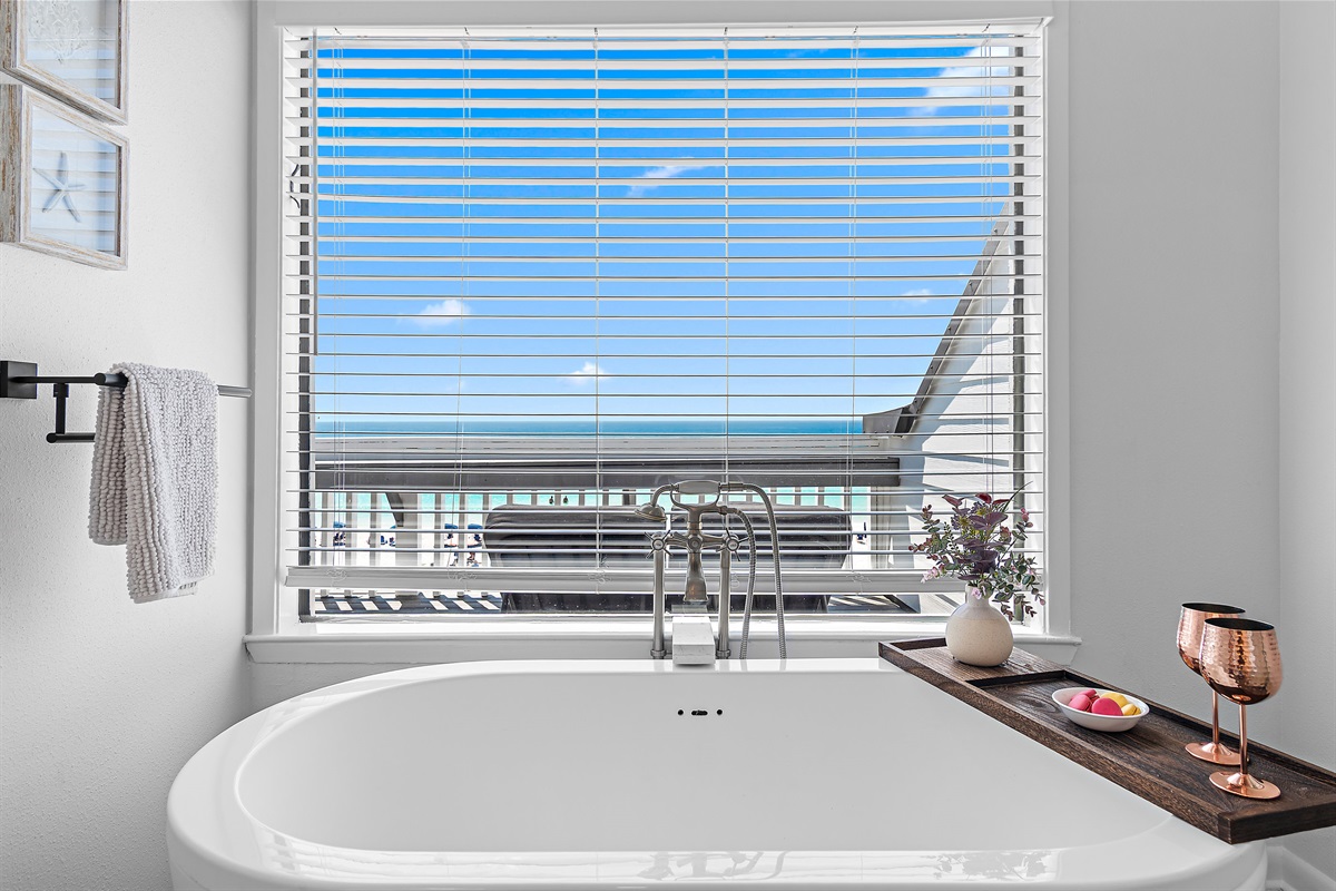 3rd Floor - Bedroom 1: Master ensuite Remodeled Bathroom with Gulf View soaker tub and walk in shower