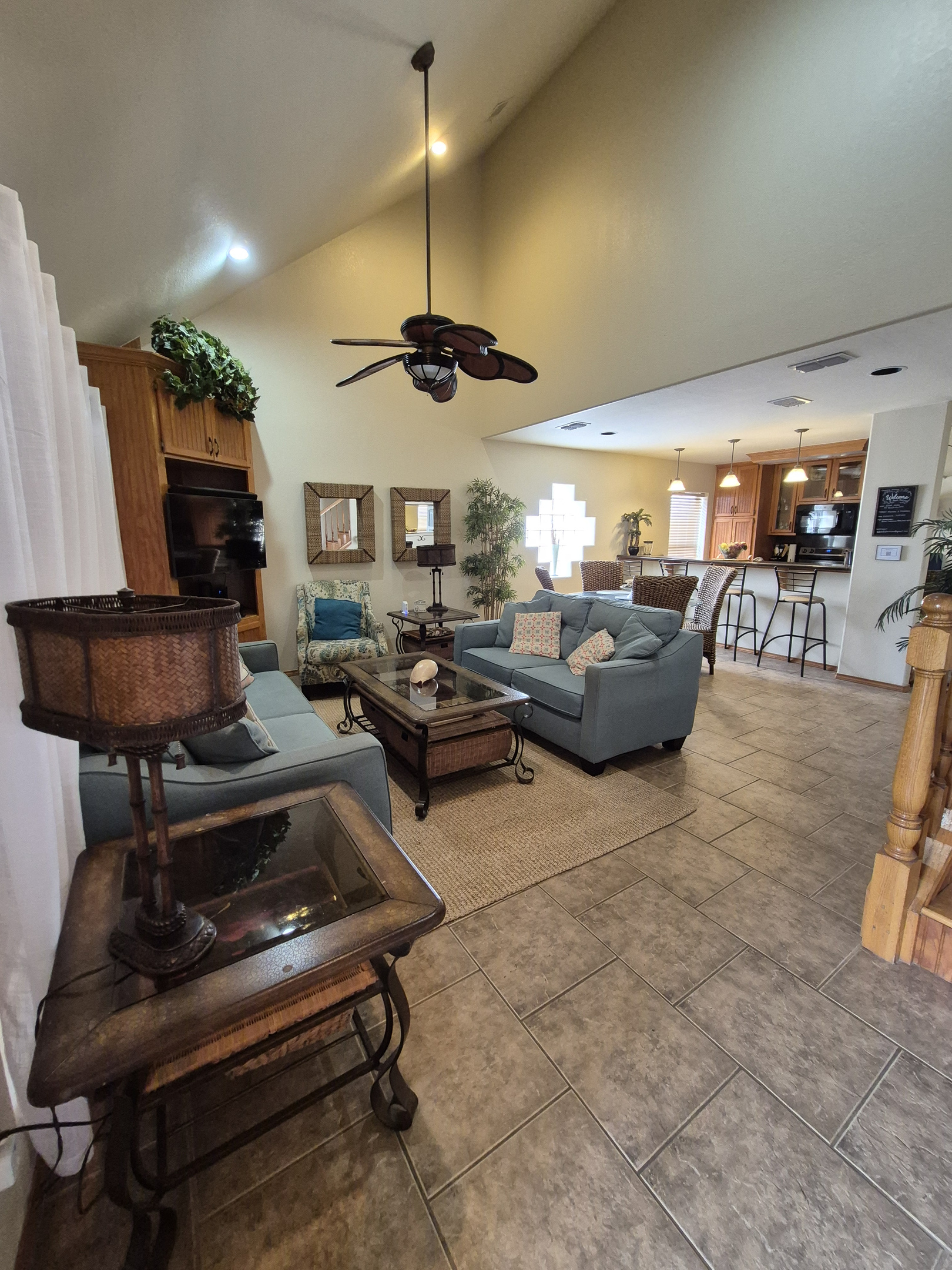 Relax in the open concept living space with entertainment ranging from all your standard electronics (Smart TV with Spectrum TV,  BluRay, device charging station, and stereo system) to classic board/card games and puzzles!