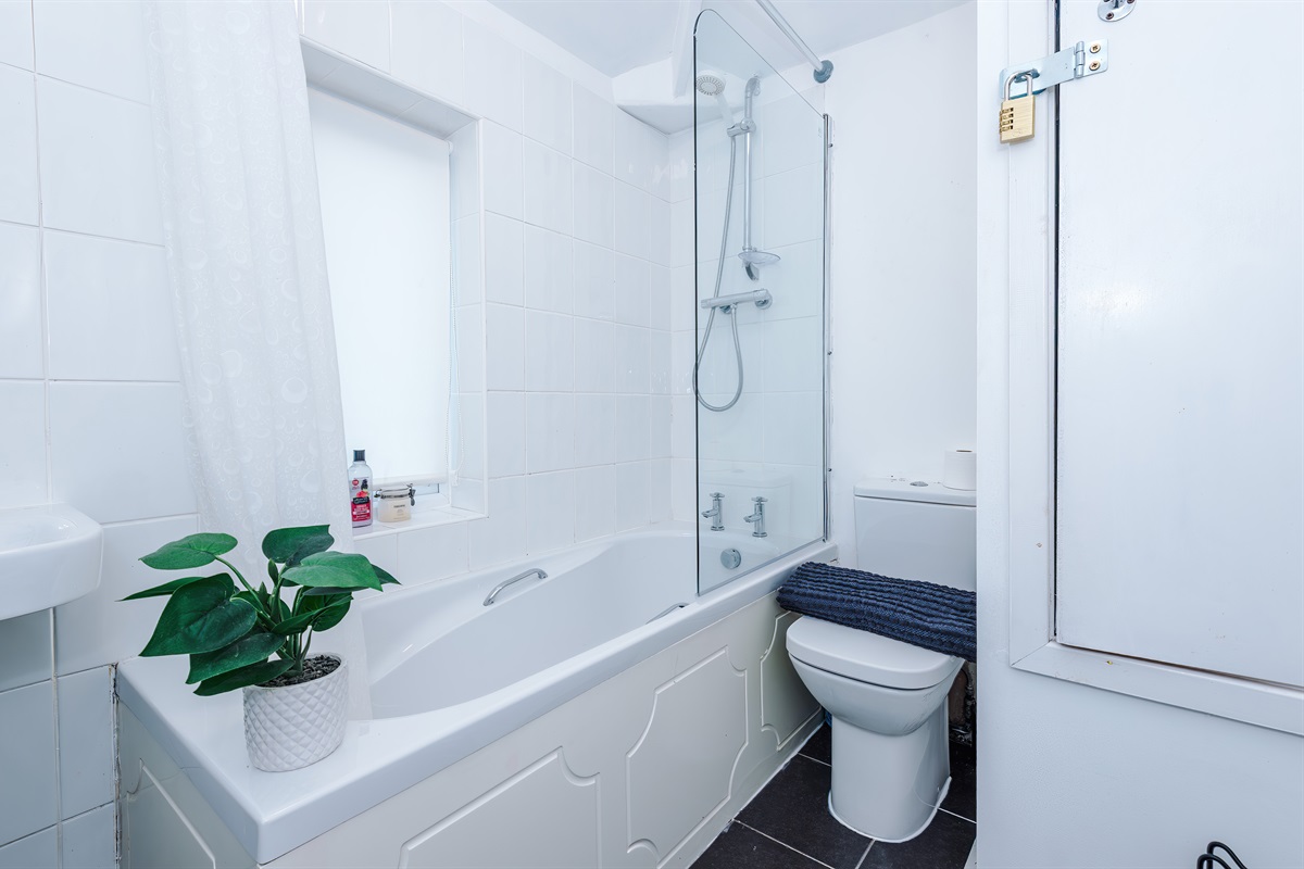 The full bathroom benefits from a toilet, shower, bath & basin with body & hair wash on arrival 