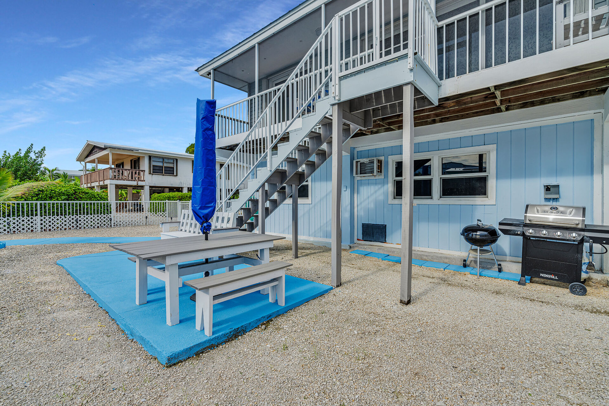 Outdoor dining area with propane and charcoal grills