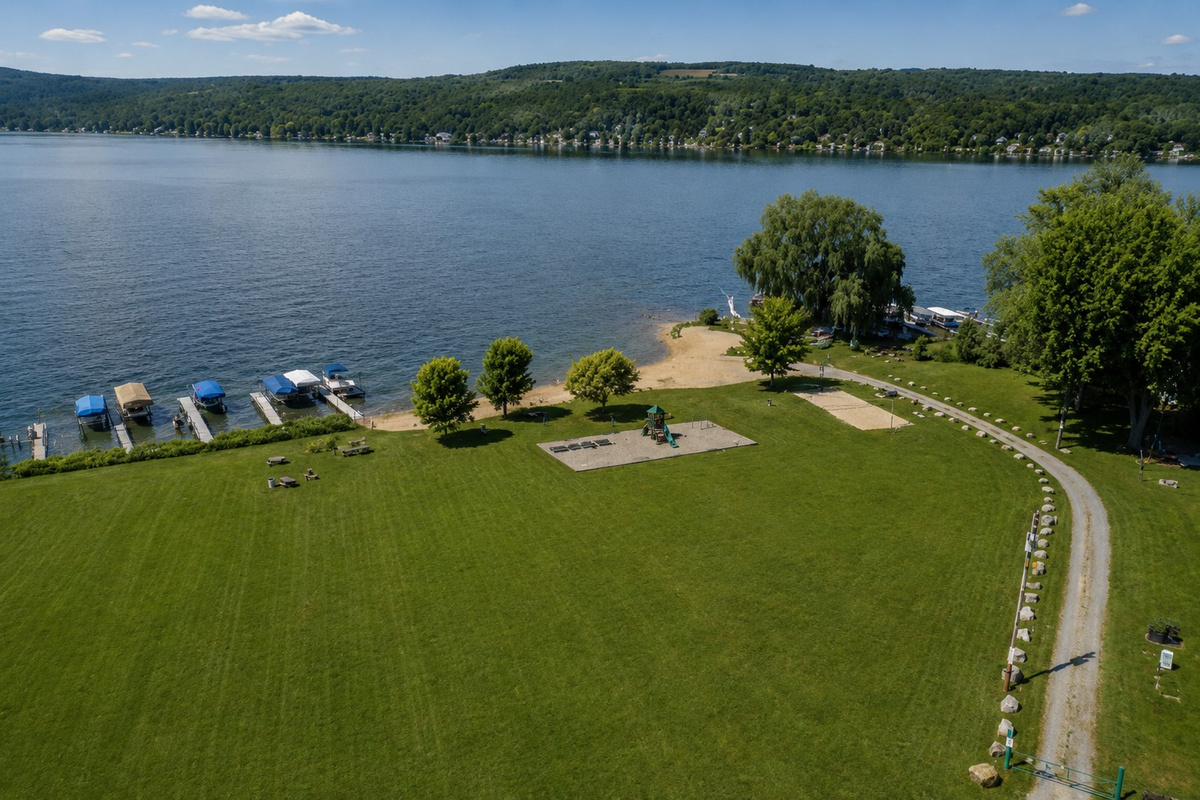 Aerial shot of the lush green park by the lake, offering a perfect spot for picnics and play. ️
