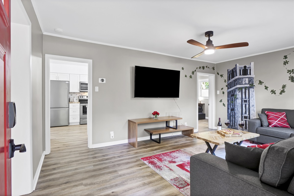 The entire family can enjoy watching TV together in the spacious family room.