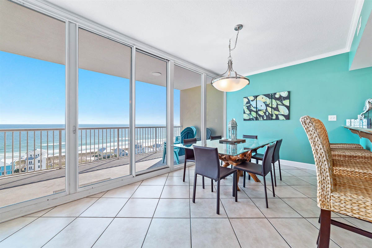 Dine with an ocean vista. This charming dining area offers the ideal setting to savor meals while enjoying breathtaking views of the sparkling coastline.