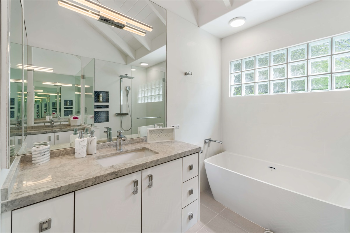 Spacious bathroom with tub, shower and bidet