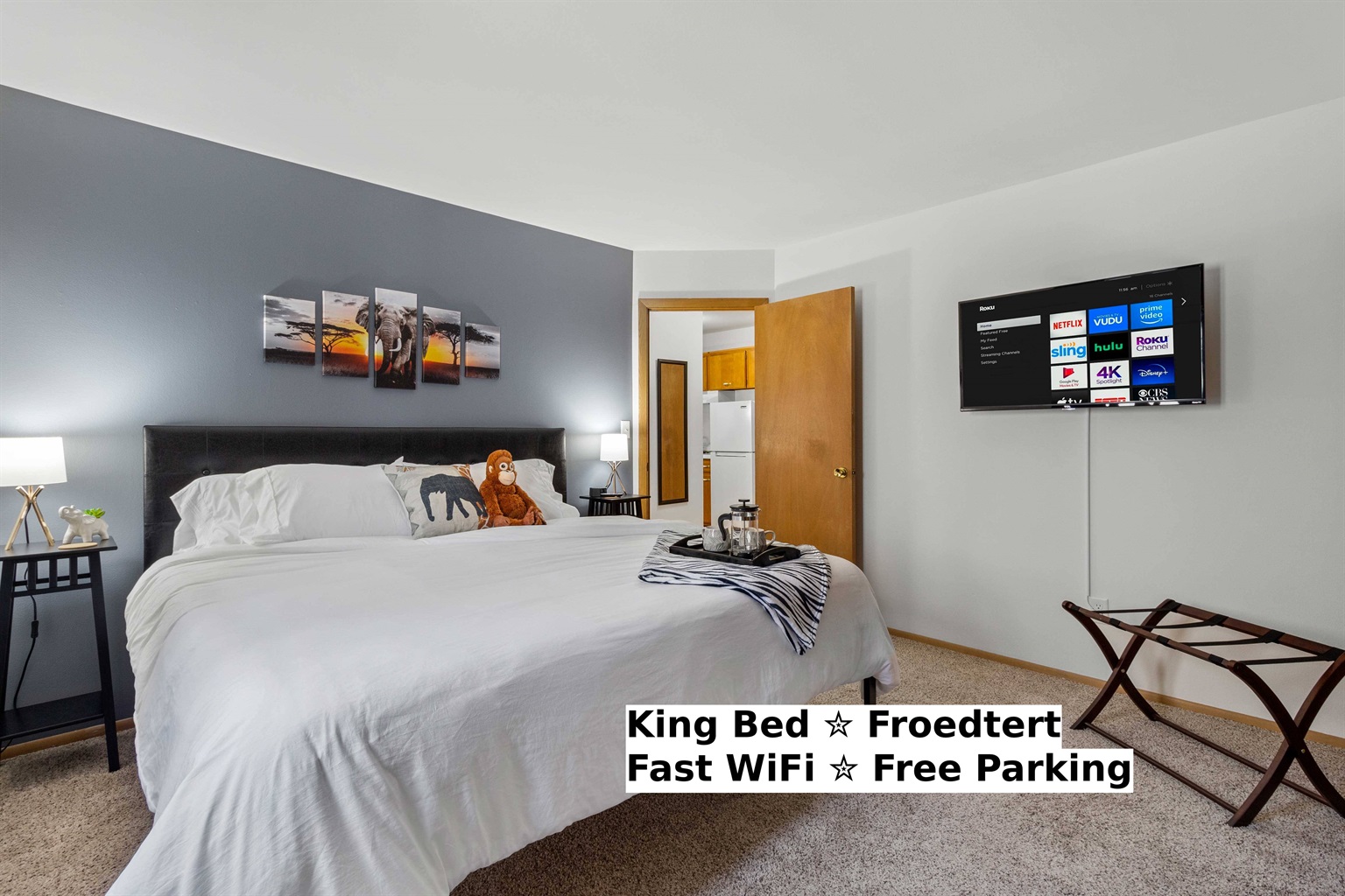 PJs all day? Snuggle in and watch your favorite shows on Netflix or Disney+ on the 43" 4k Roku TV in the bedroom. TV extends from wall and Rotates on mount to make viewing comfortable.