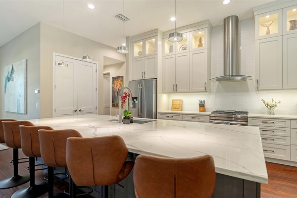 Meticulously stocked kitchen complete with dual air fryer, smoothie maker, and cocktail essentials