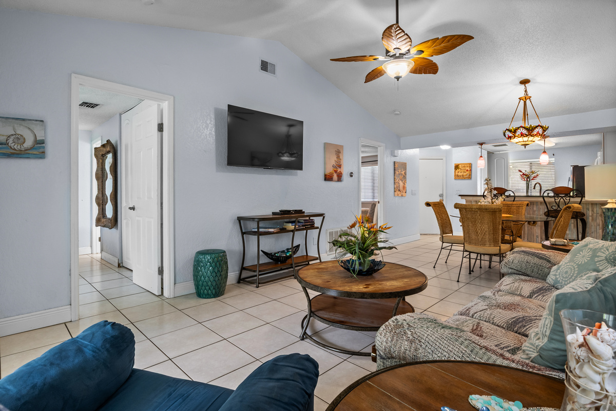 Family room TV. Both bedroom access doors.