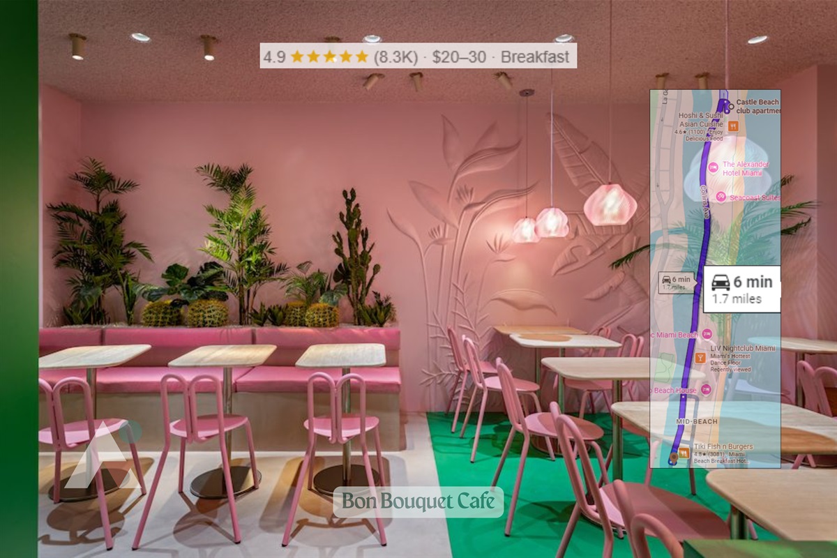 Bon Bouquet Cafe is a highly rated boutique coffee shop and brunch spot located on Indian Creek Drive. Guests enjoy the beautiful floral interior decor, creative lattes, and artisanal breakfast boards. 
