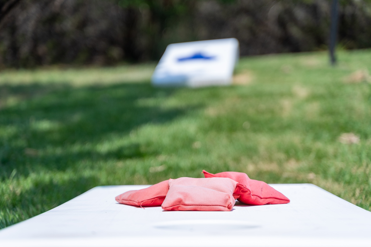 Cornhole boards ready for backyard game day fun.