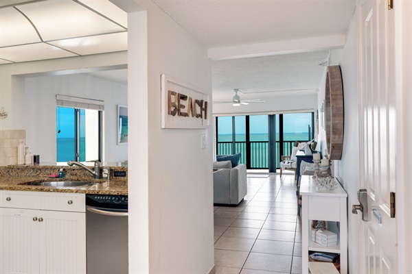 Our kitchen is well-equipped and fully connected to the rest of the living area.