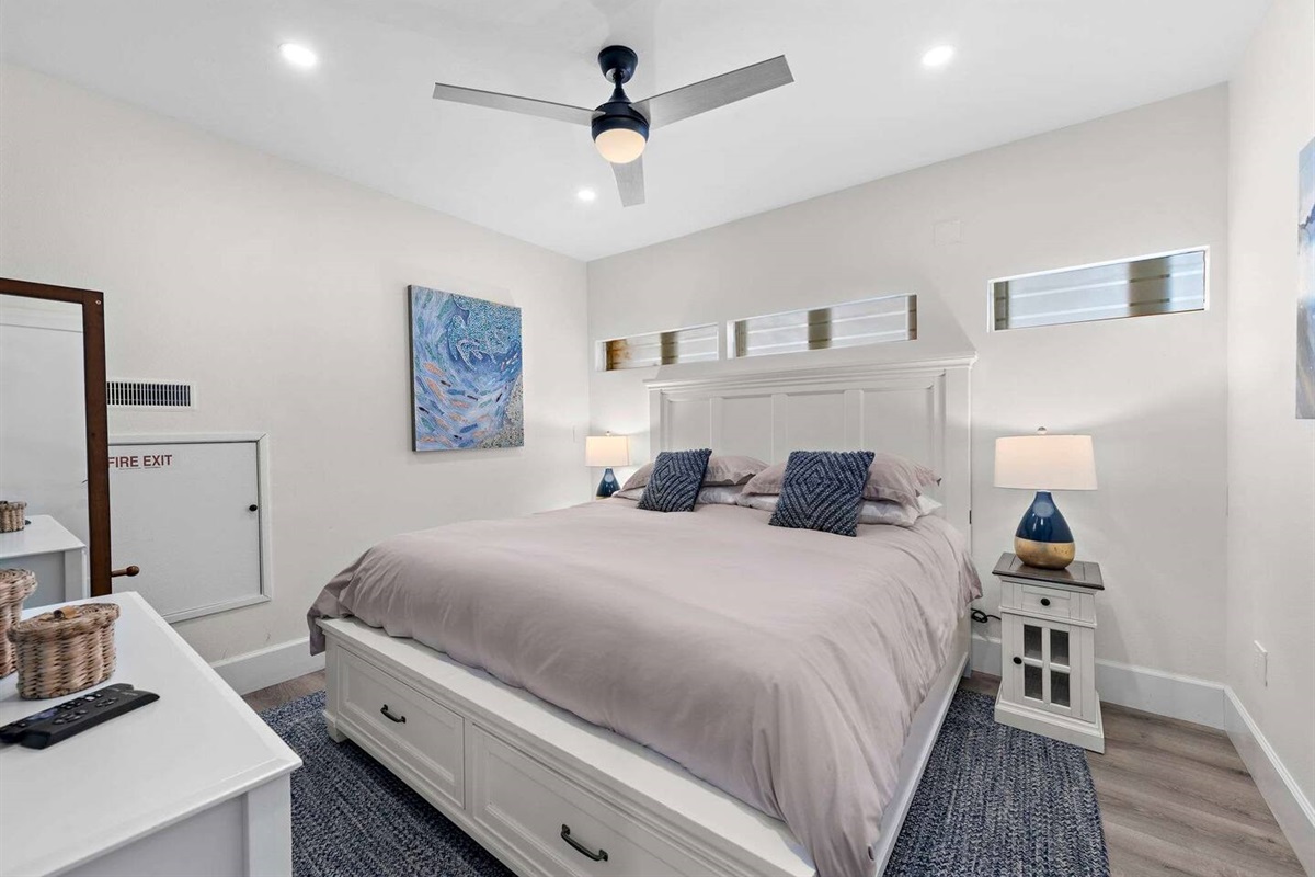 Sleep soundly on our new premium king mattress and fine linens. The bedroom also has a 50" TV with plenty of streaming channels for movie night or binge watching :)