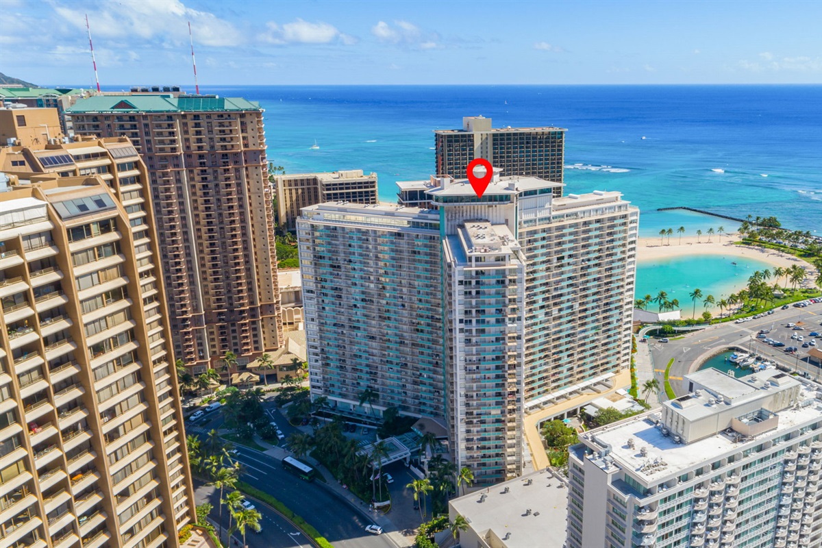 Aerial view of the iconic Ilikai Hotel renowned from the Hawaii Five-O television series