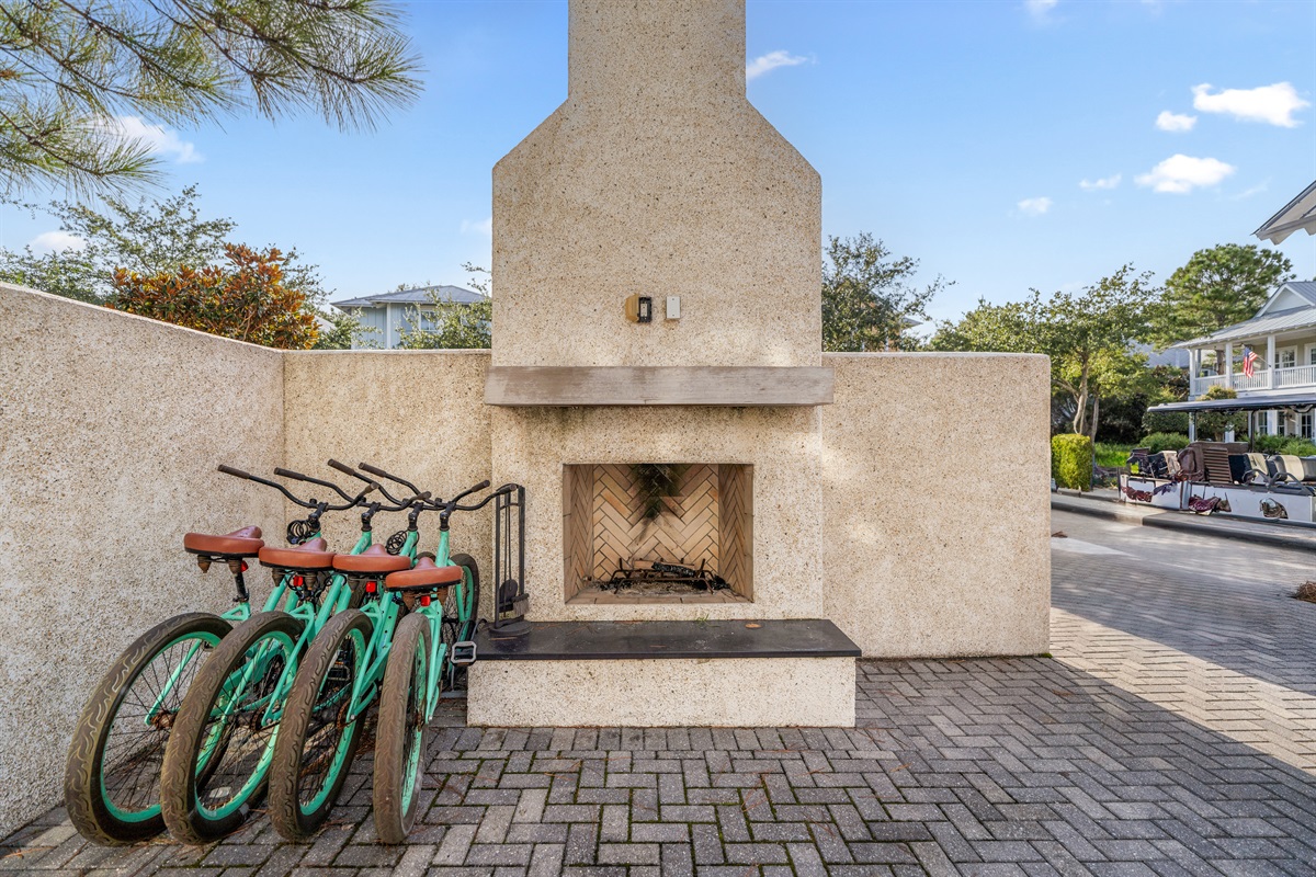 Bike parking and fire place. 