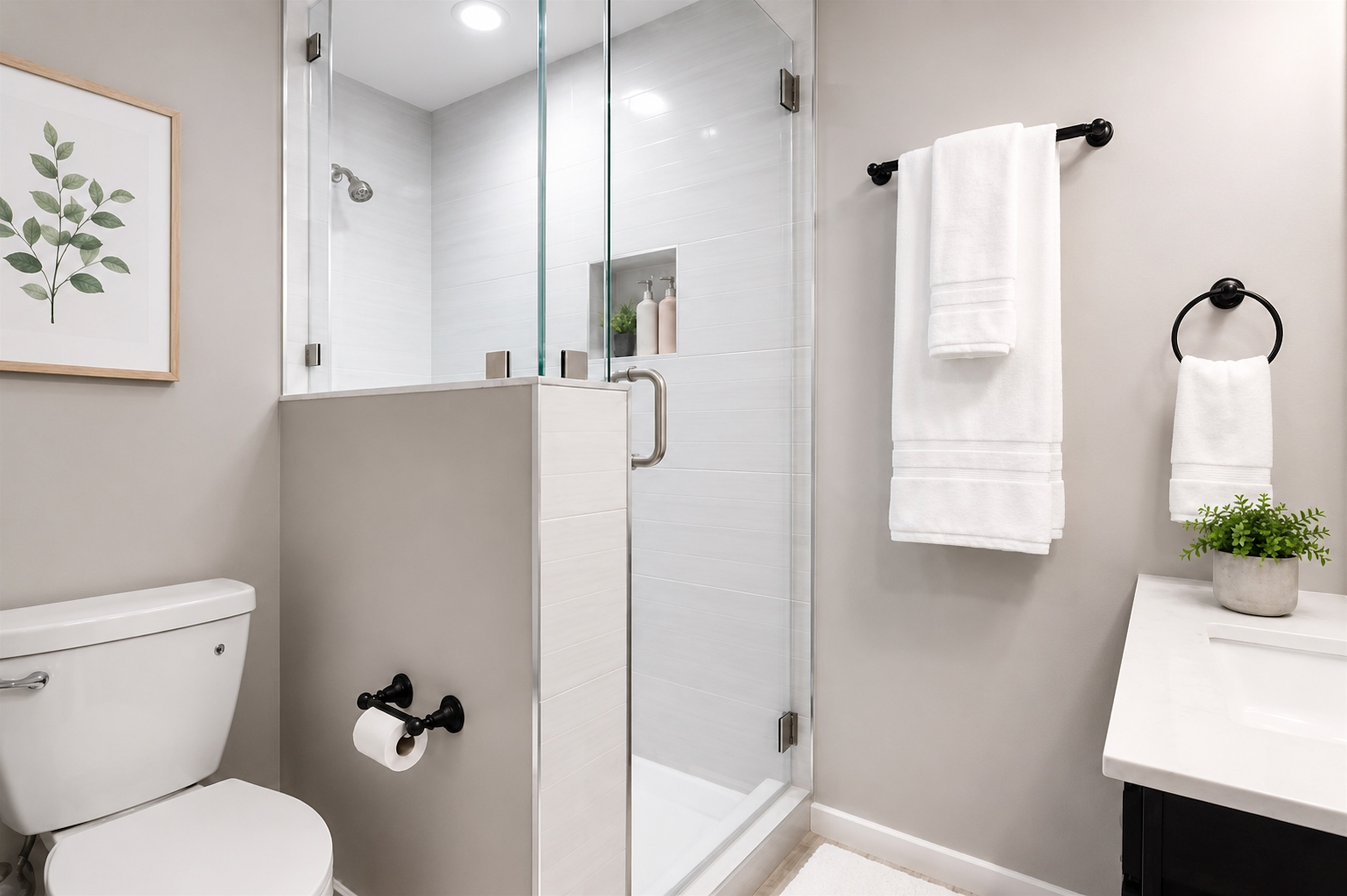 Modern spa-style bathroom with glass walk-in shower, plush white towels, and elevated hotel-inspired finishes