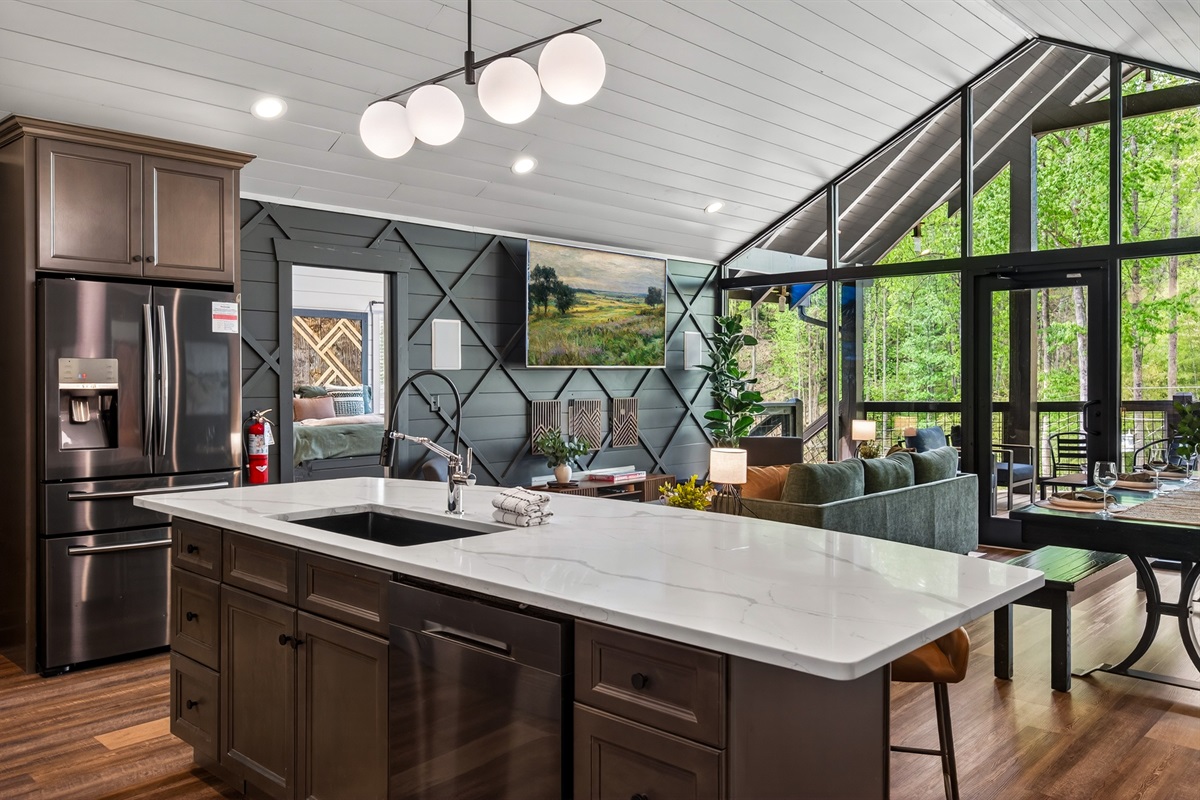 Kitchen, living and dining room on second level.