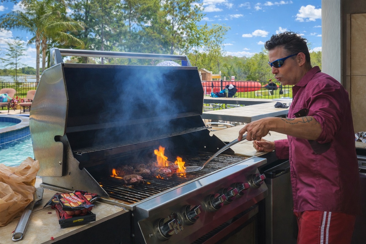 Outdoor grilling station at Orlando lakefront vacation estate