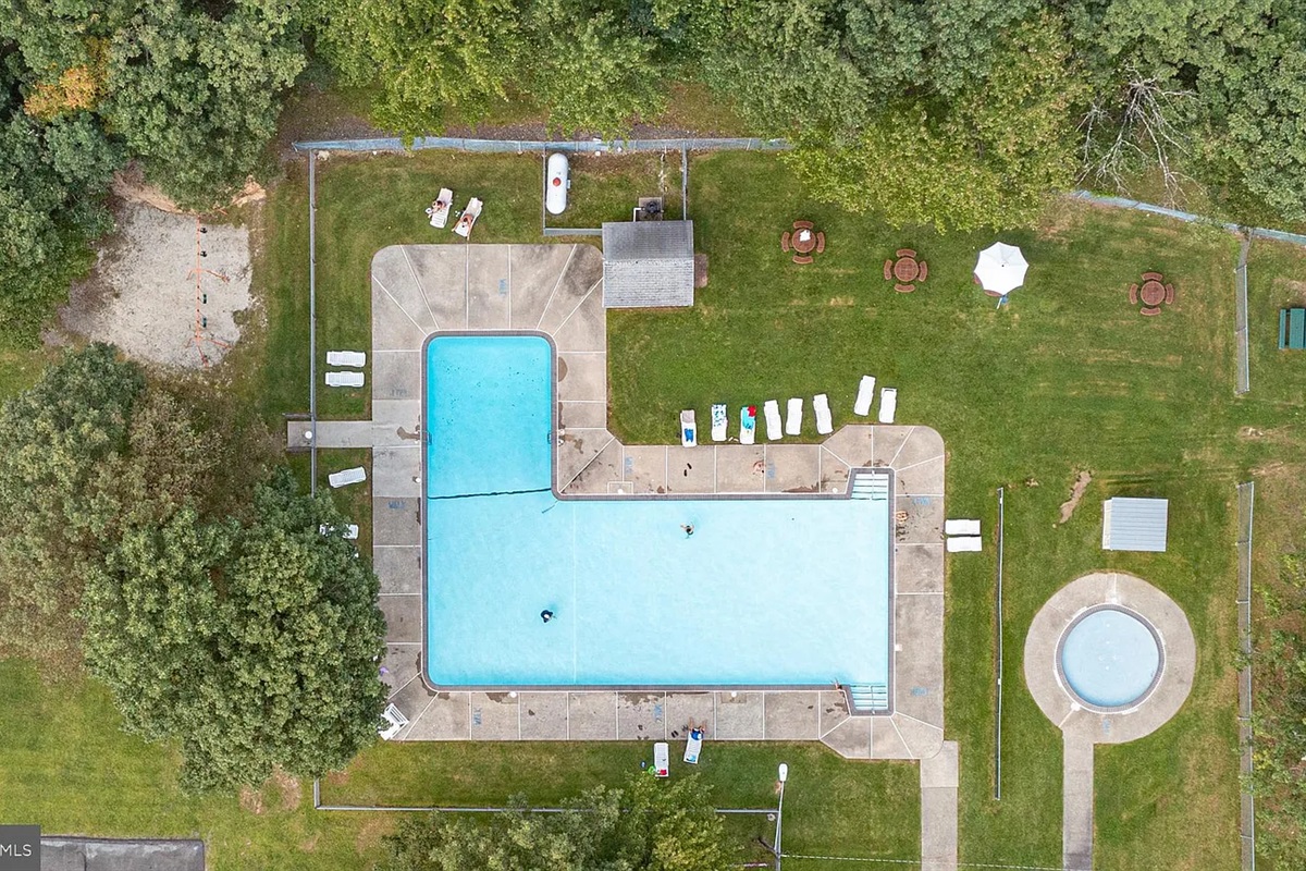 Aerial pool view — community perks in full color.