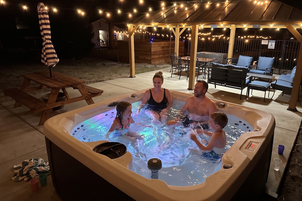 ive into your private oasis. ✨ Start your vacation right in our lit hot tub under the stars. It&rsquo;s perfect for family laughs or melting the day away. Come make memories.