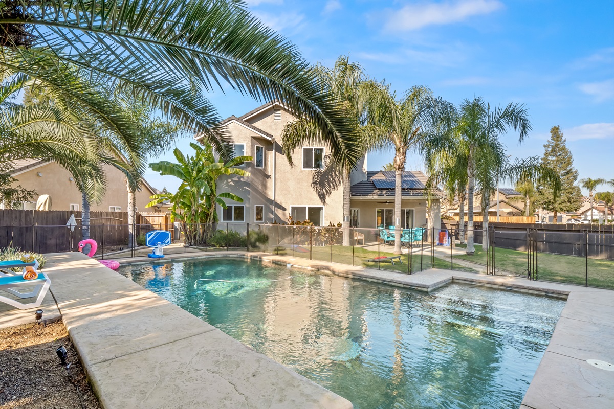 Clean pool lines, raised edge, and layered landscaping elevate the backyard into a high-end retreat experience.