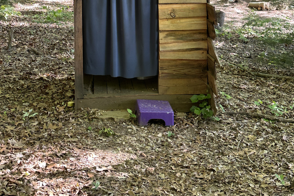 Flushing toliet urinal located behind the treehouse shower