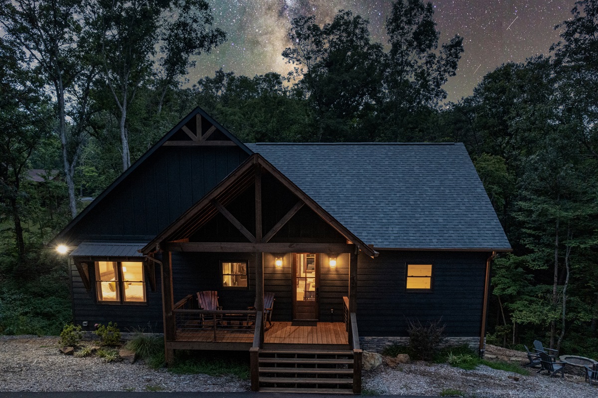 Evening view of front of cabin