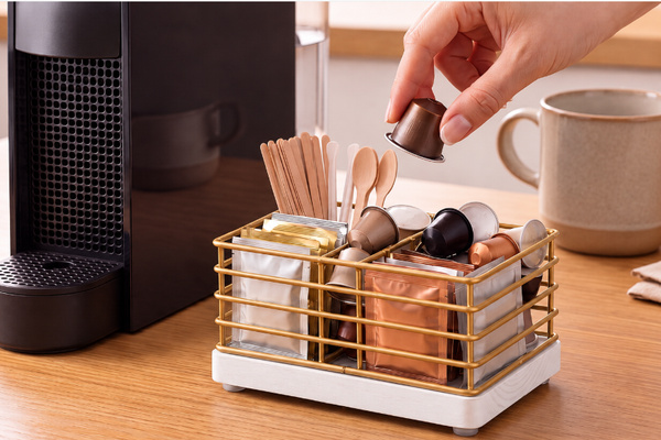 Coffee caddy with complimentary sweeteners, creamers and stirrers for easy vacation mornings.