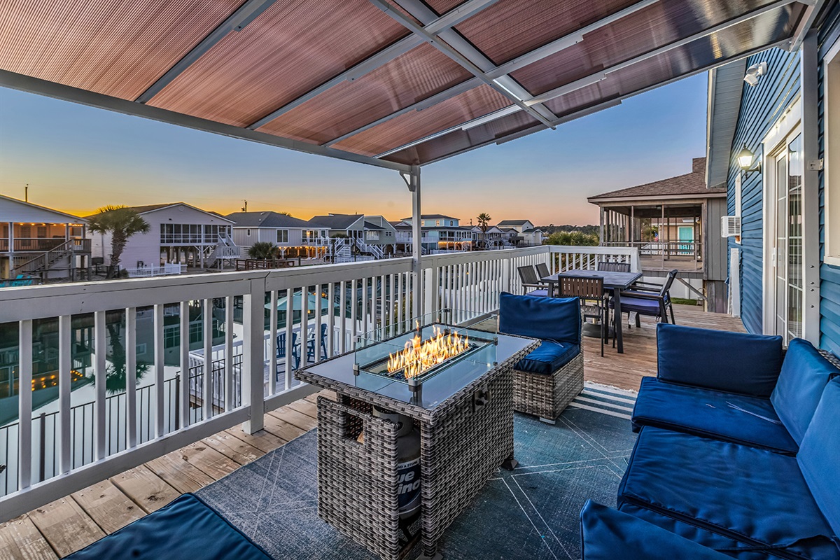 Outdoor Fire Pit and comfy outdoor furniture.