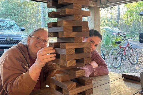 Jenga on the downstairs covered deck.