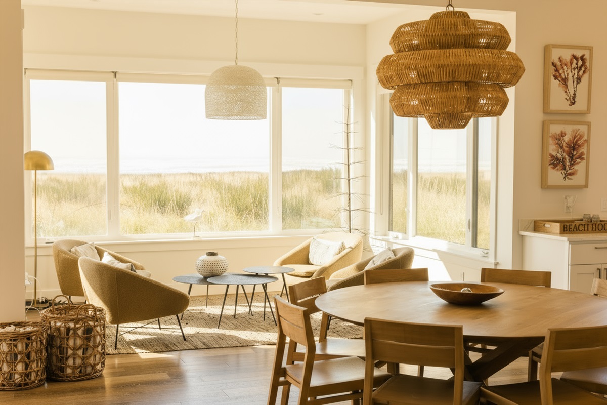{Dining & Sun Room} Perfect for family meals and group gatherings with seating for everyone — 8 at the table, 3 at the island, and 4 in the sitting area.