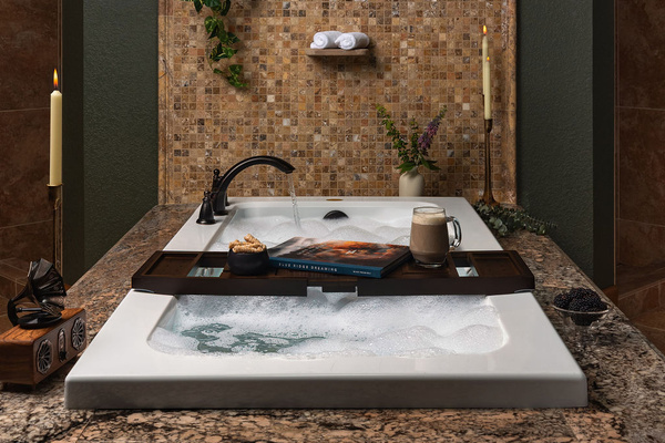 {Bedroom 1 Ensuite} Sink into the oversized jetted soaking tub for a spa-like reset after a day exploring the mountains.