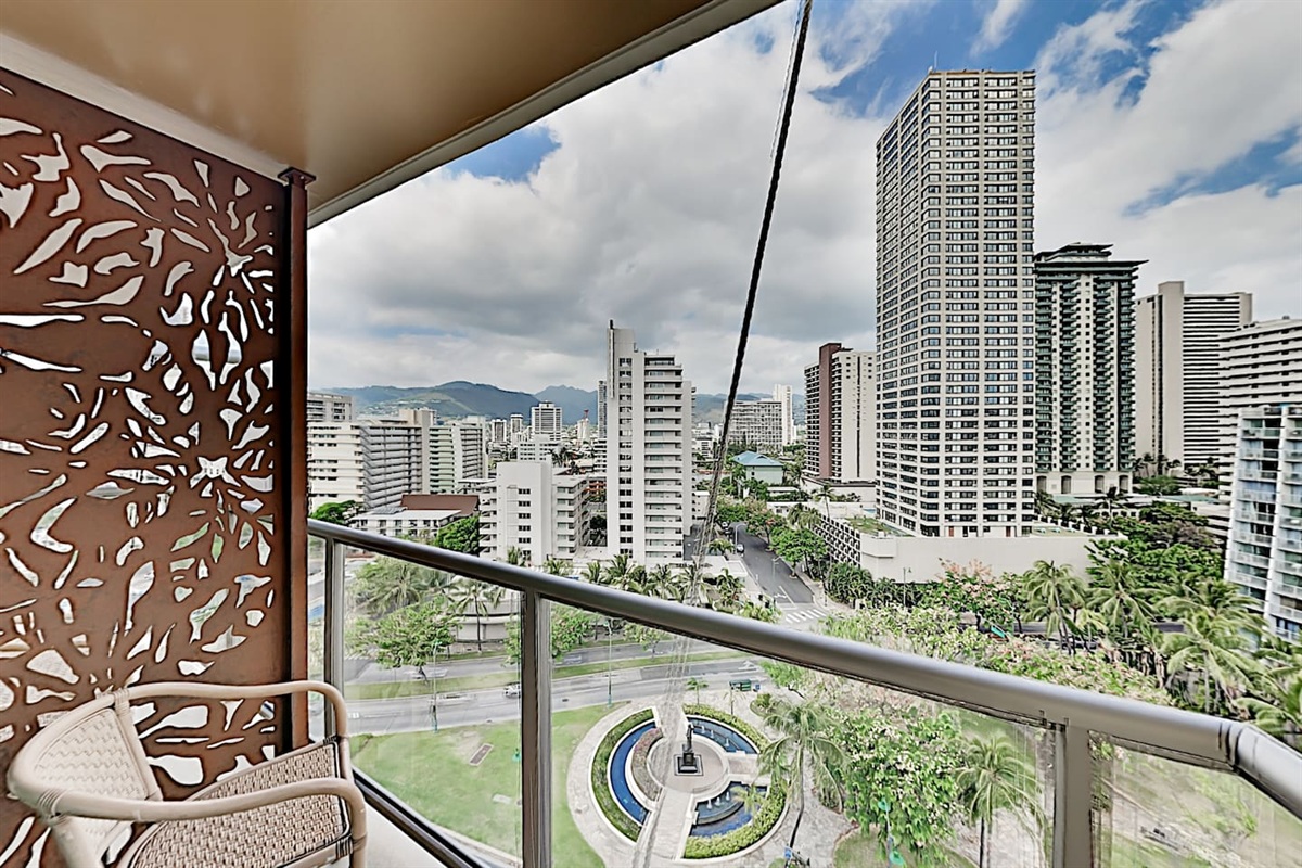 Private patio with city view overlooking Kalakaua Avenue
