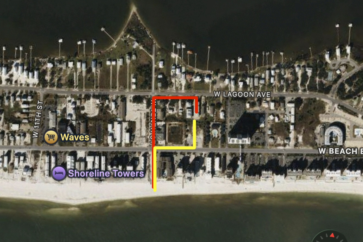 Red trail is street walk directly from the driveway to the beach. Yellow trail is a shortcut.  