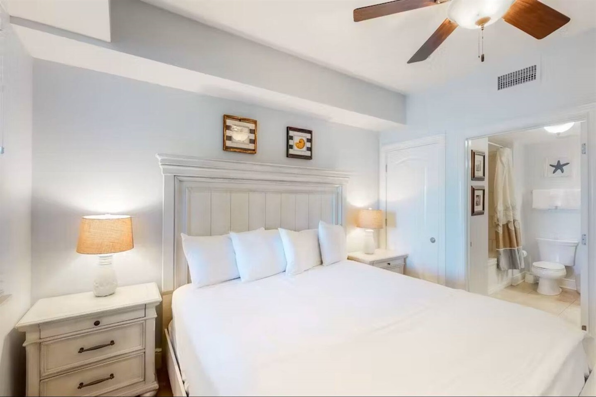 A bright, comfortable retreat with private bath access.