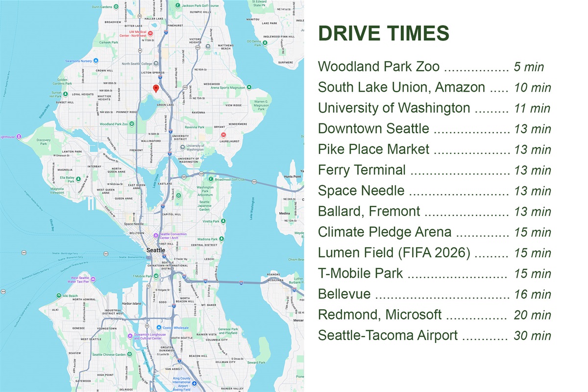 Drive times. Green Lake ... 0 min! Please reach out with any other questions.