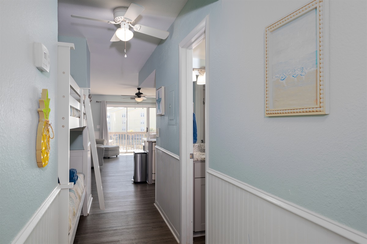 Hallway with built-in bunk beds&mdash;perfect for kids and extra guests