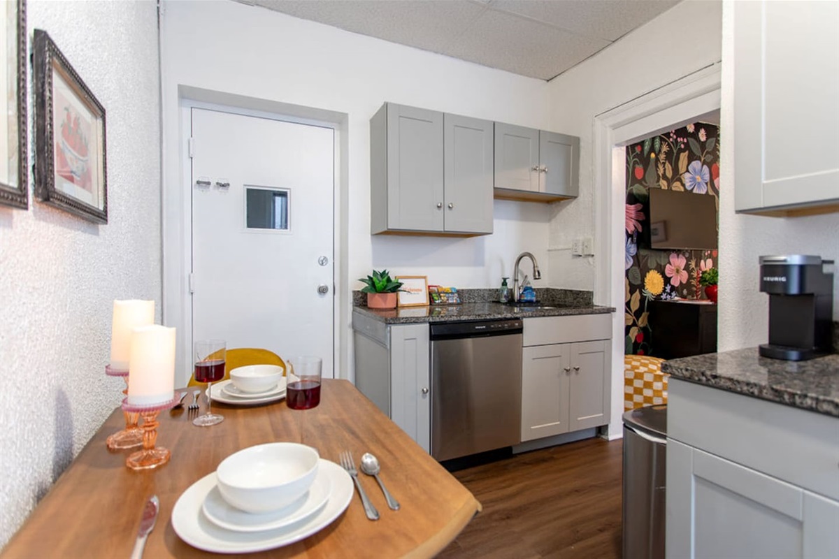 Cozy dining area for two, perfect for intimate meals or casual gatherings.