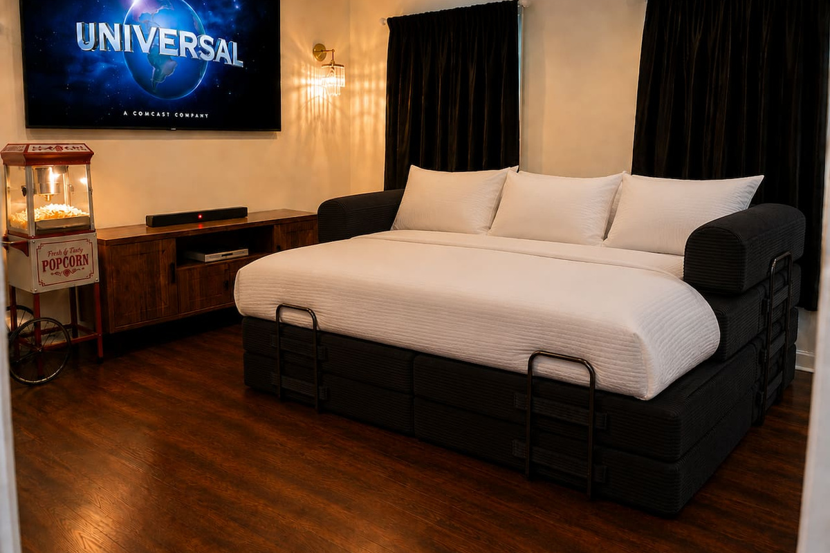 Queen sofa bed with bedding on it (bedding is provided)