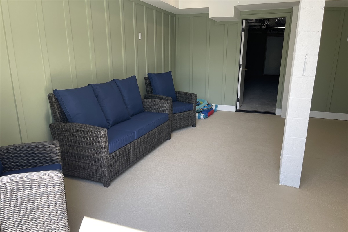 “Chill lounge” next to pool deck for when you want to escape the heat & watch TV