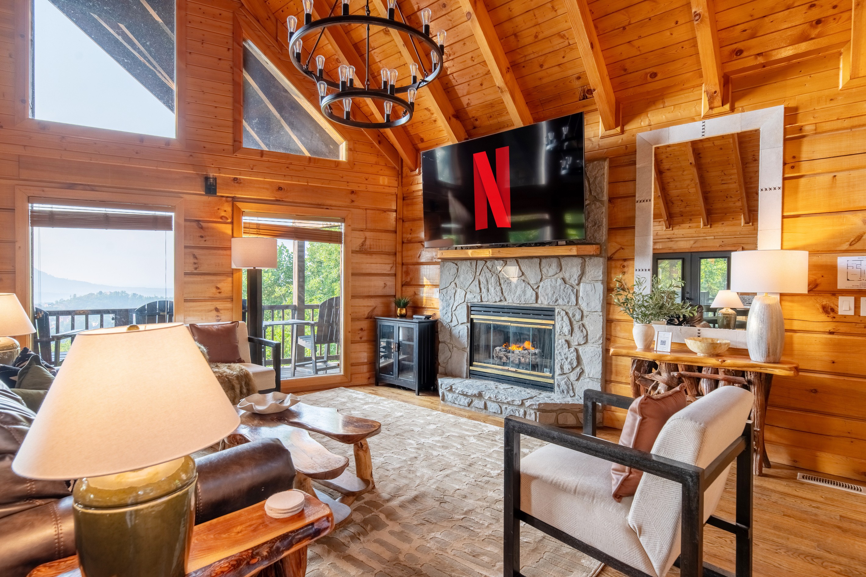 Great room with 85" TV and Cozy Fireplace