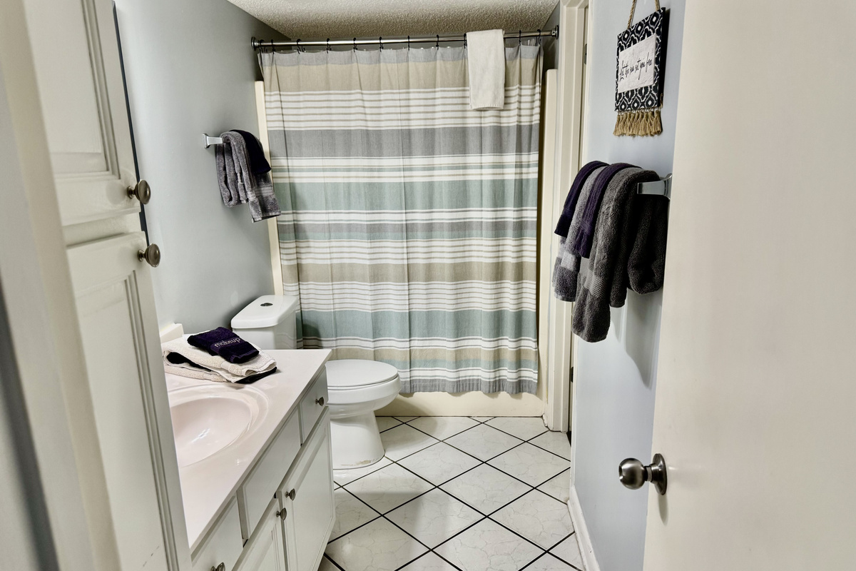The guest bathroom features a tub/shower combo and lots of counter space!