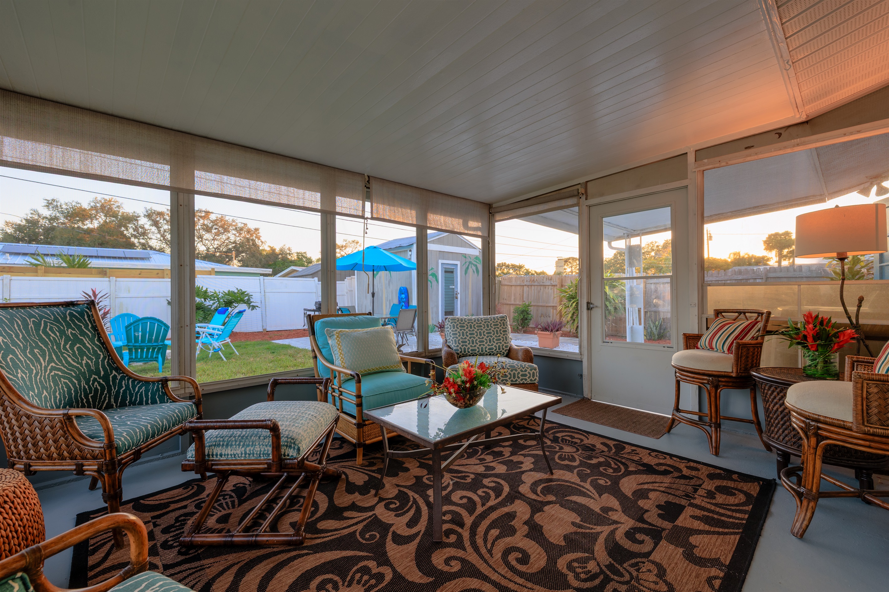 Screened-in Patio area with Sunshades, lights for evening and electric for your devices!