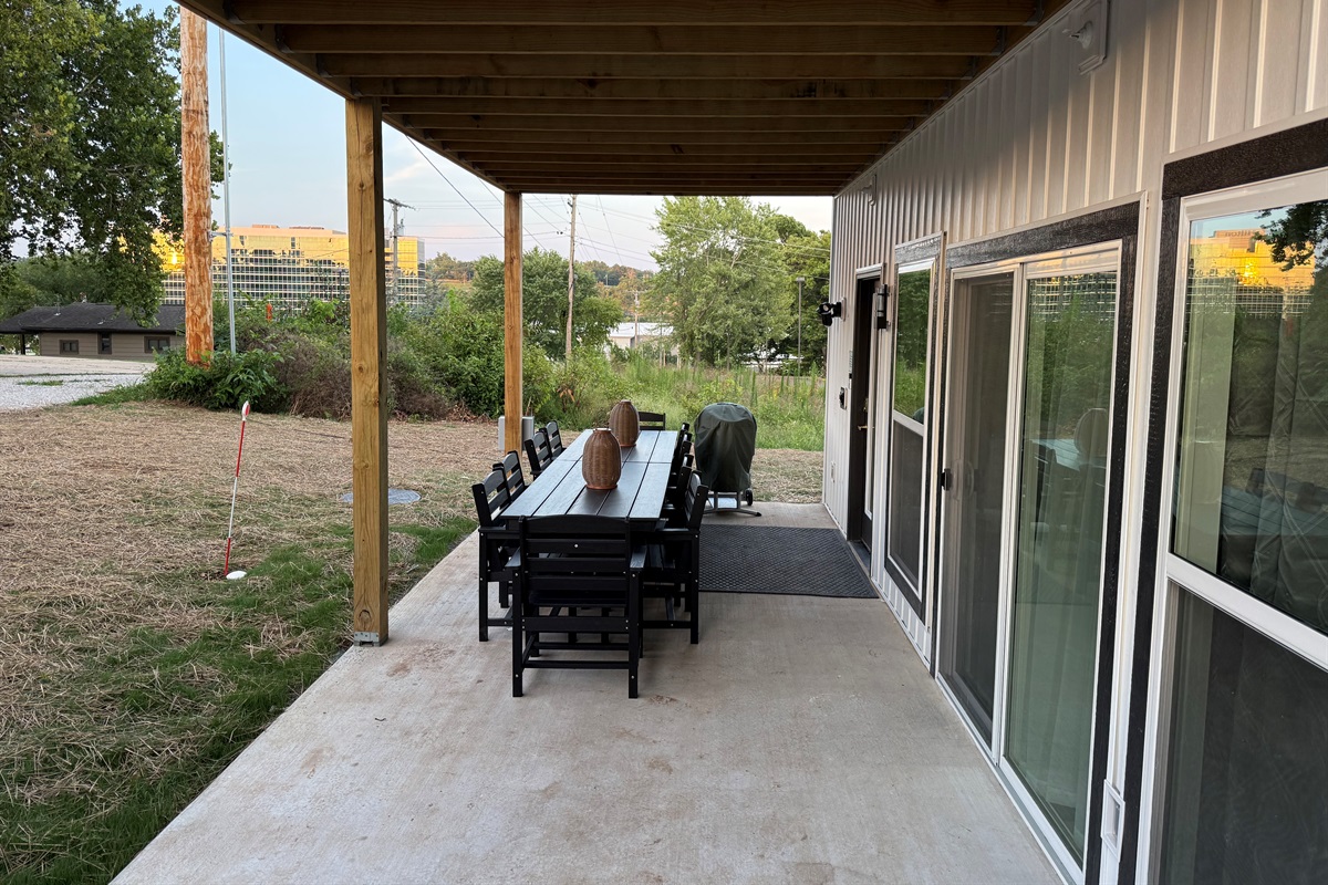 Dining table with 10 seats on lower patio