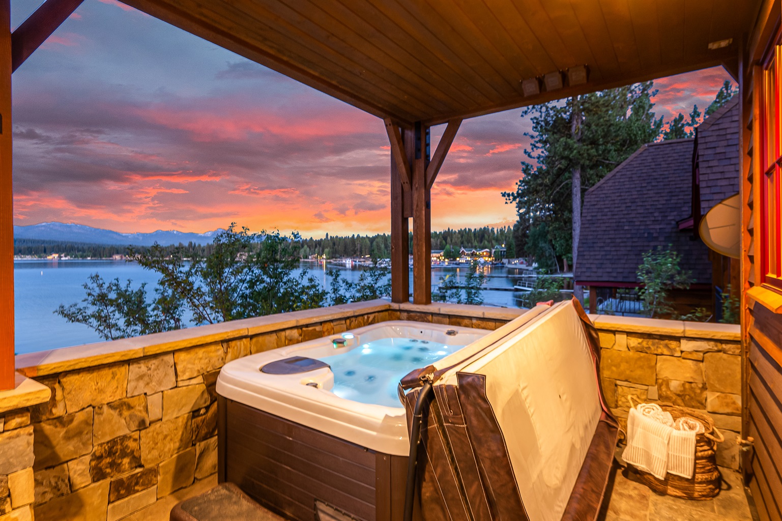 Hot tub off the primary suite with unobstructed Payette Lake views