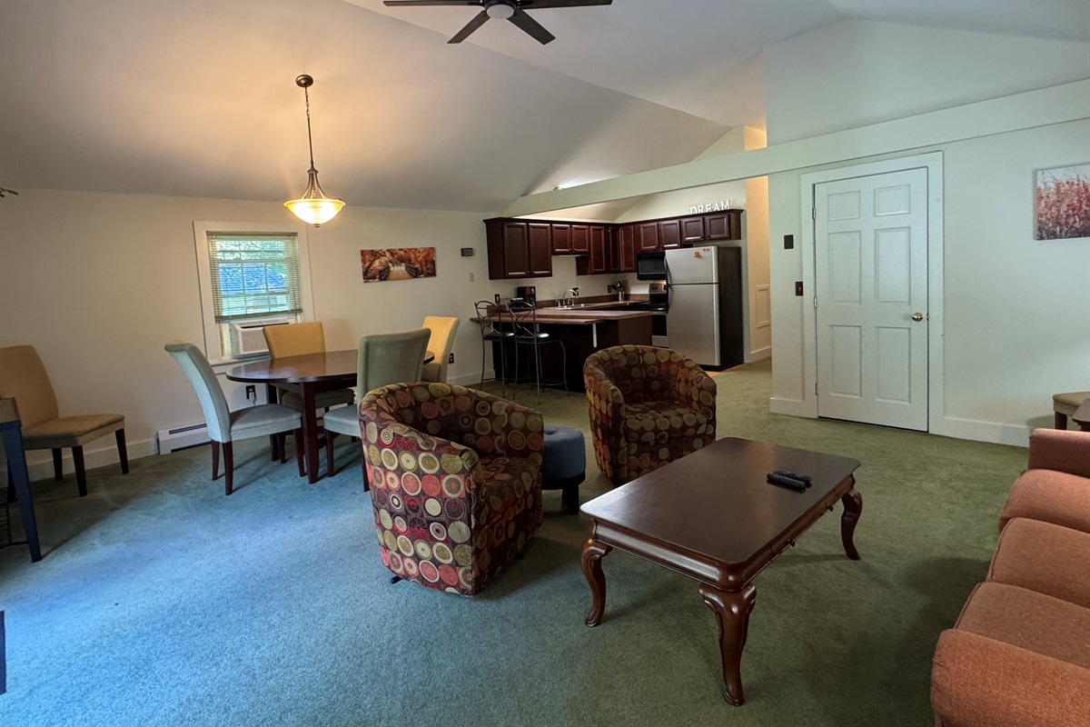 Dandelion apartment overview of living room and dining area.