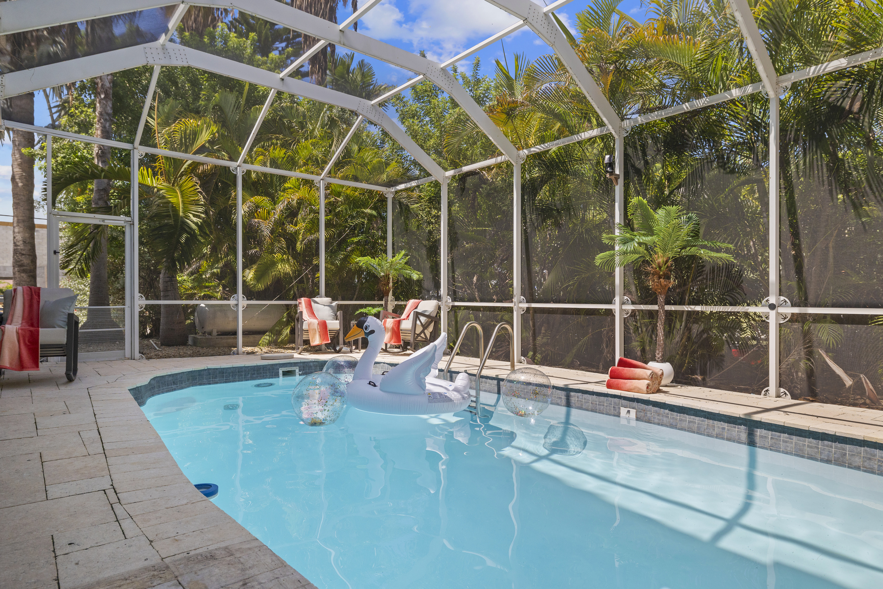 The entire pool is surrounded by palm trees.  