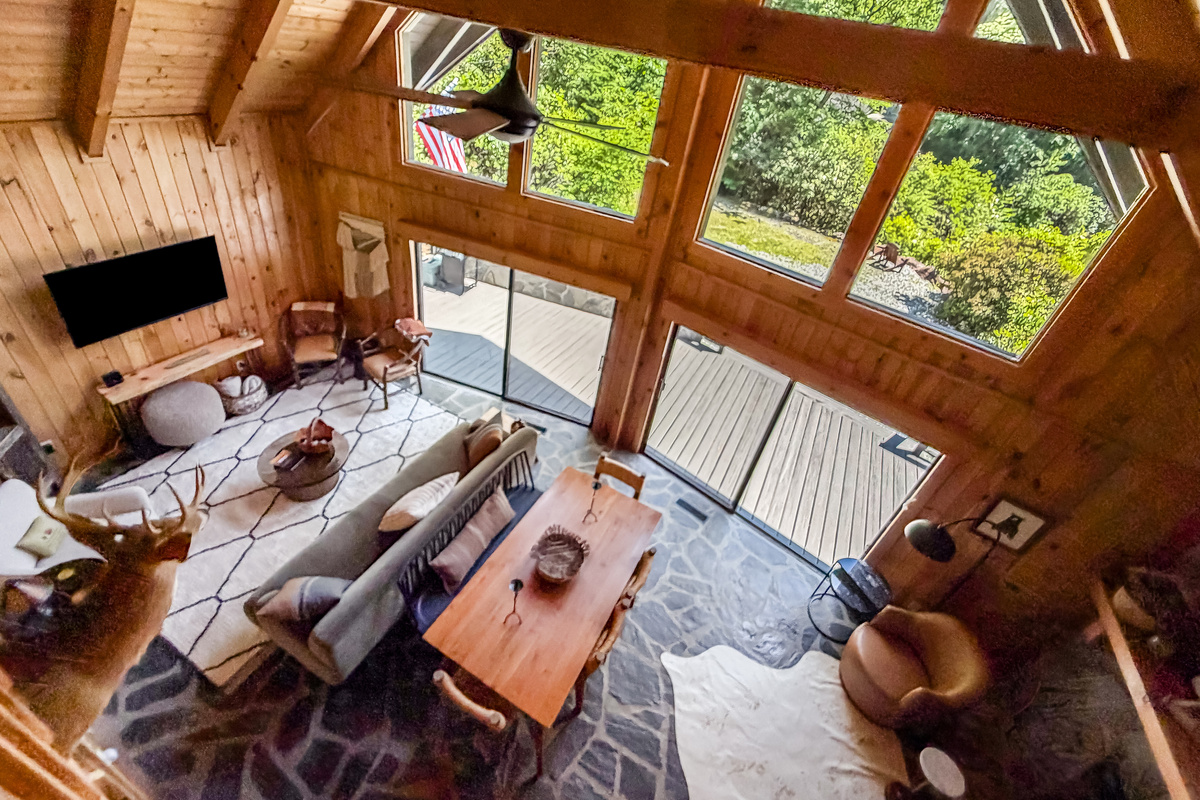 aerial view of the living room and dining area 