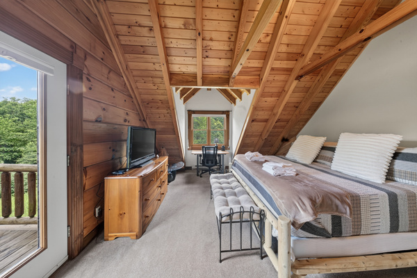 King bed, Roku TV, private balcony and workstation. 