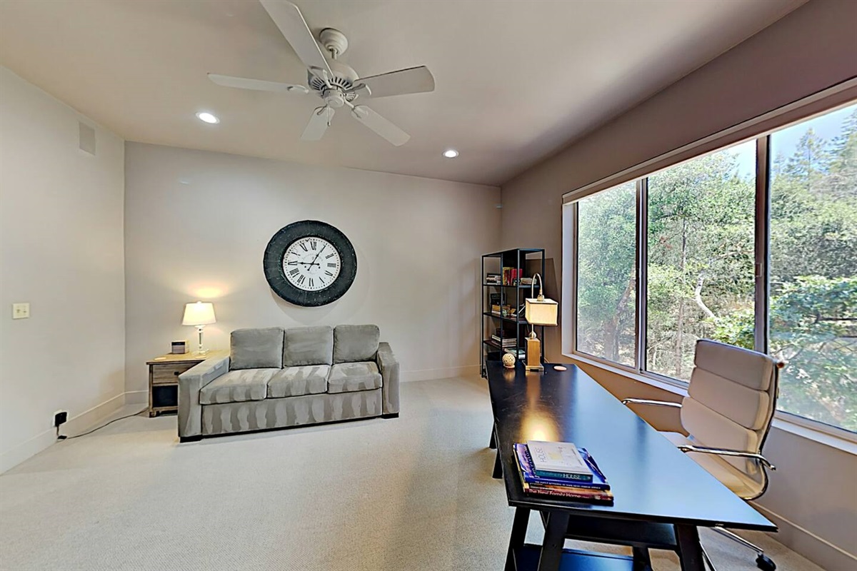 This comfortable sofa bed is located in the office.